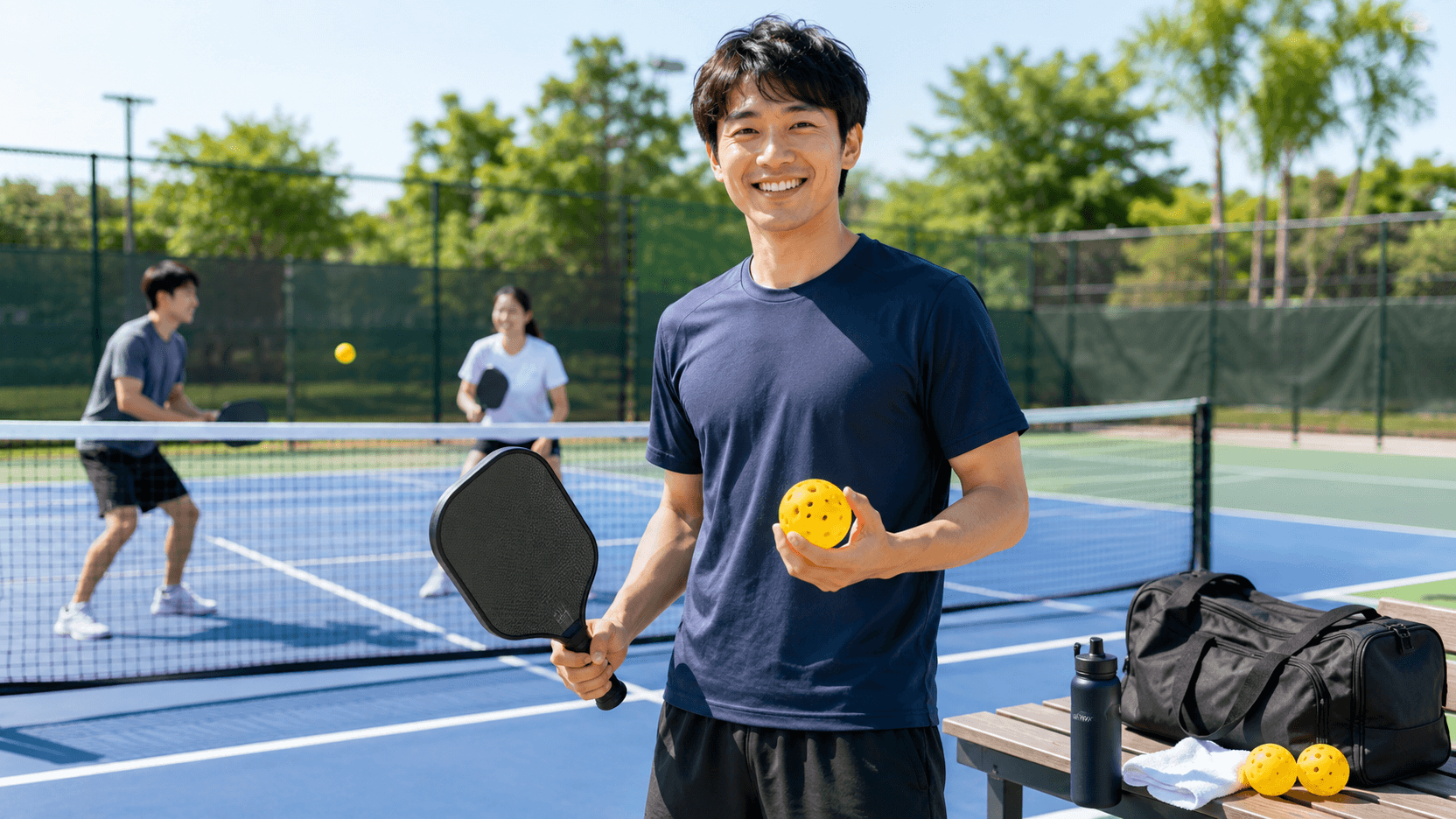 ピックルボール初心者の日本人男性がパドルとボールを持つ屋外コートの様子