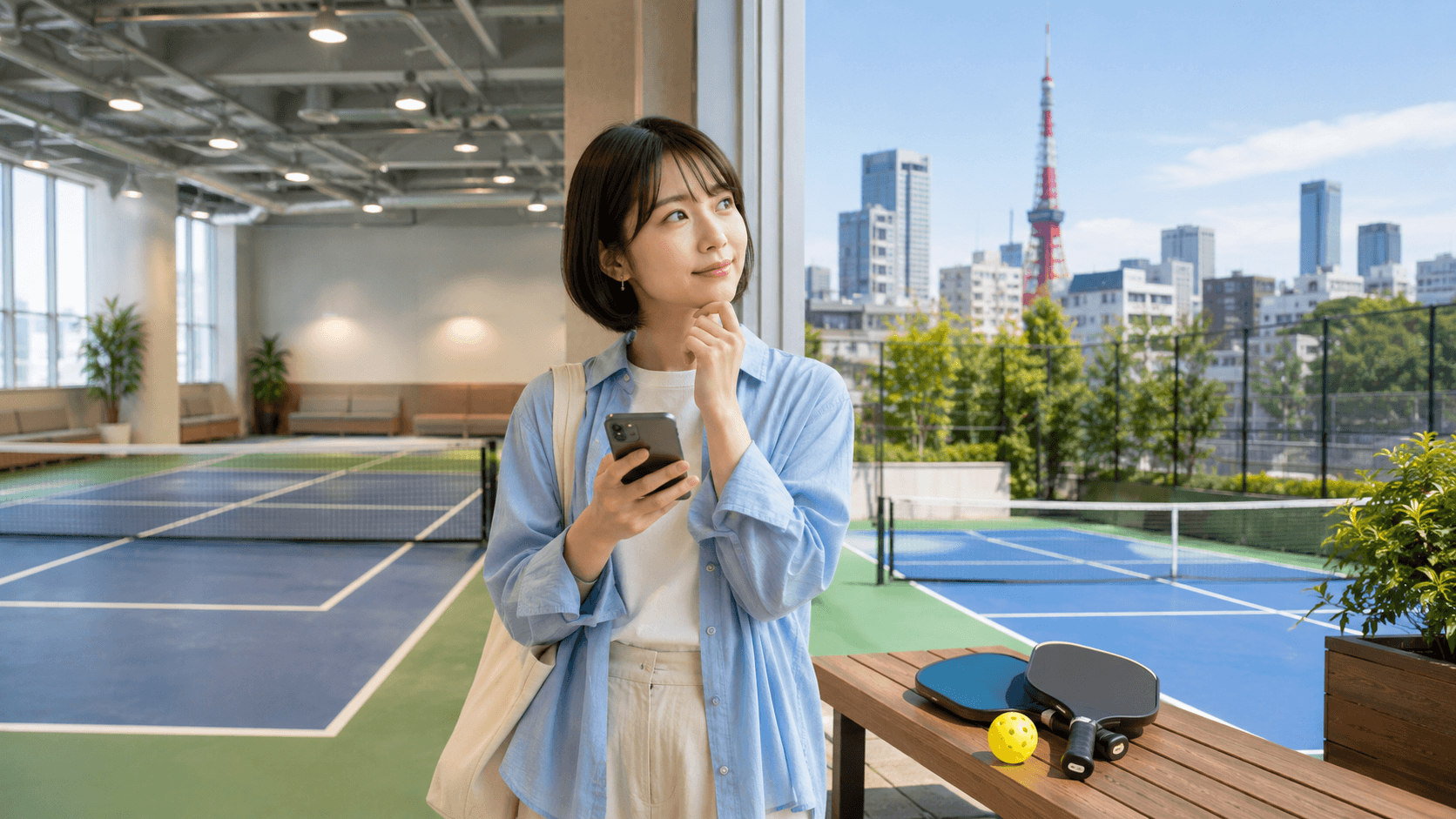 東京で屋内・屋外のピックルボールコートを探す日本人女性
