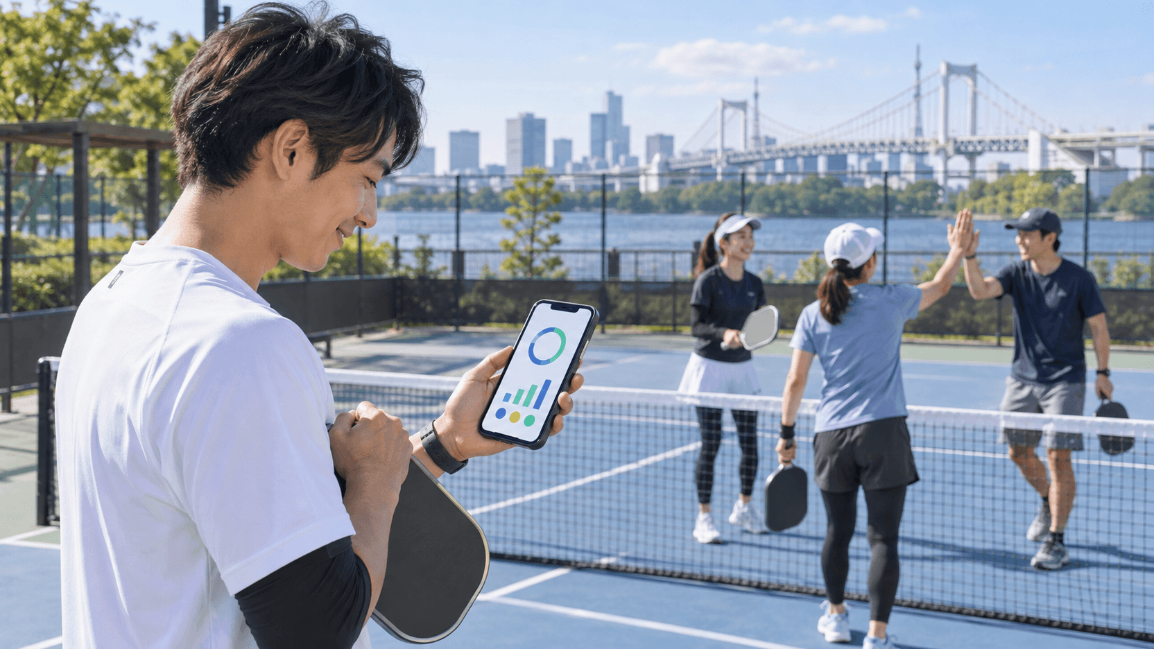 試合後にスマートフォンでDUPRレーティングを確認するピックルボールプレーヤー